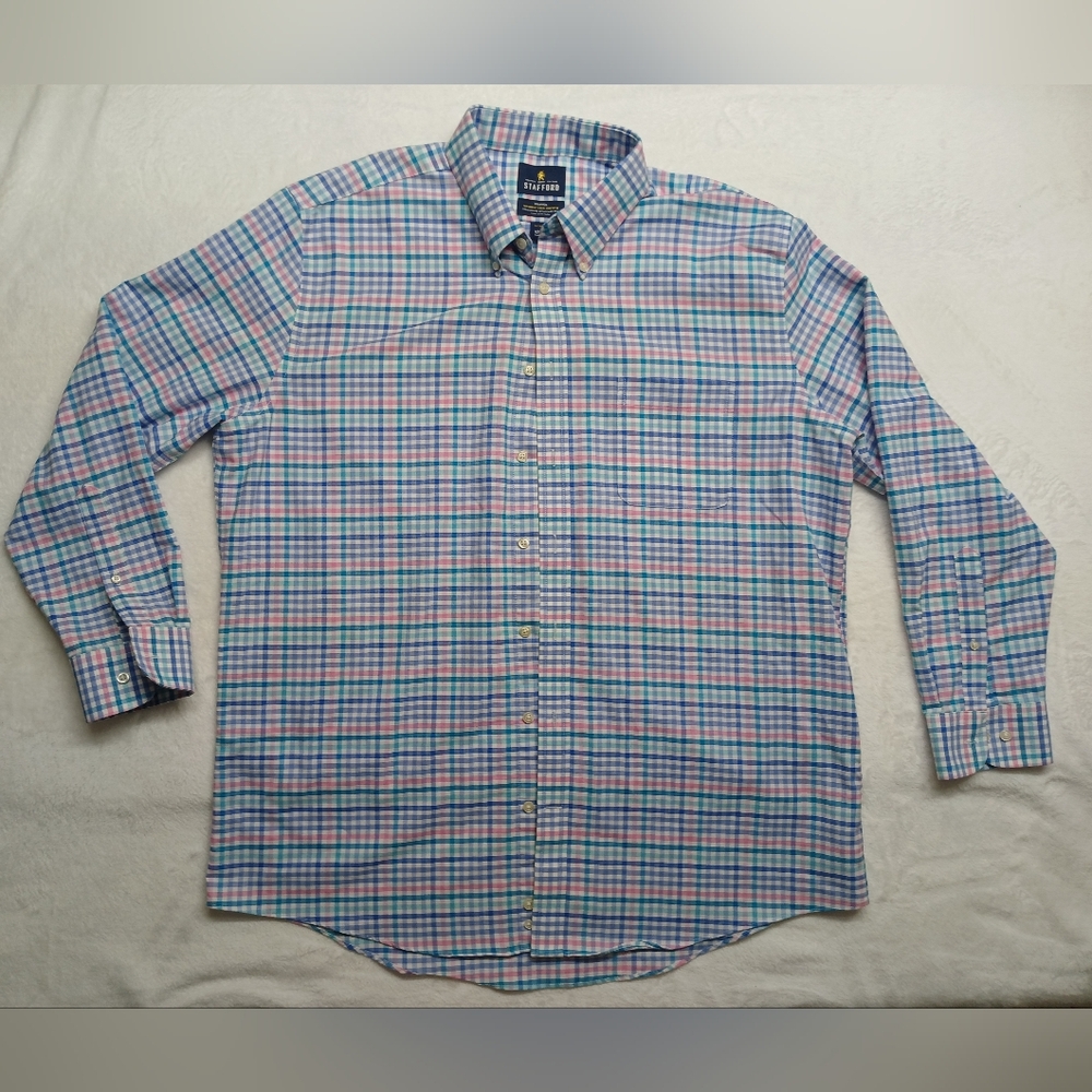 Stafford Travel Shirt Mens  34 Fitted Plaid Blend Button Up